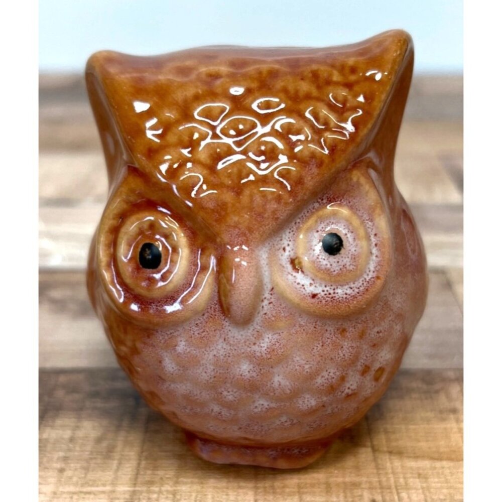 Ceramic Owl Figurine Brown Glazed Finish Small Collectible Home Office Decor